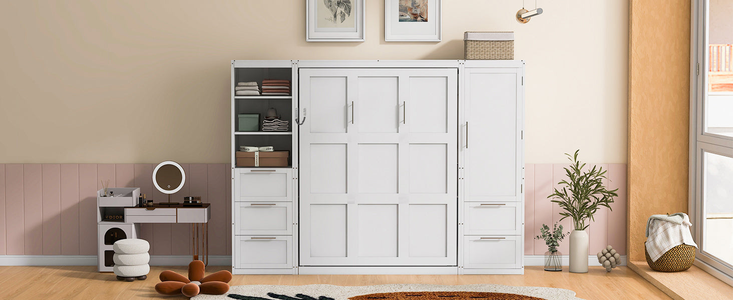 Murphy Wall Bed, Queen Size, MDF and LVL with Drawers, Shelves, and