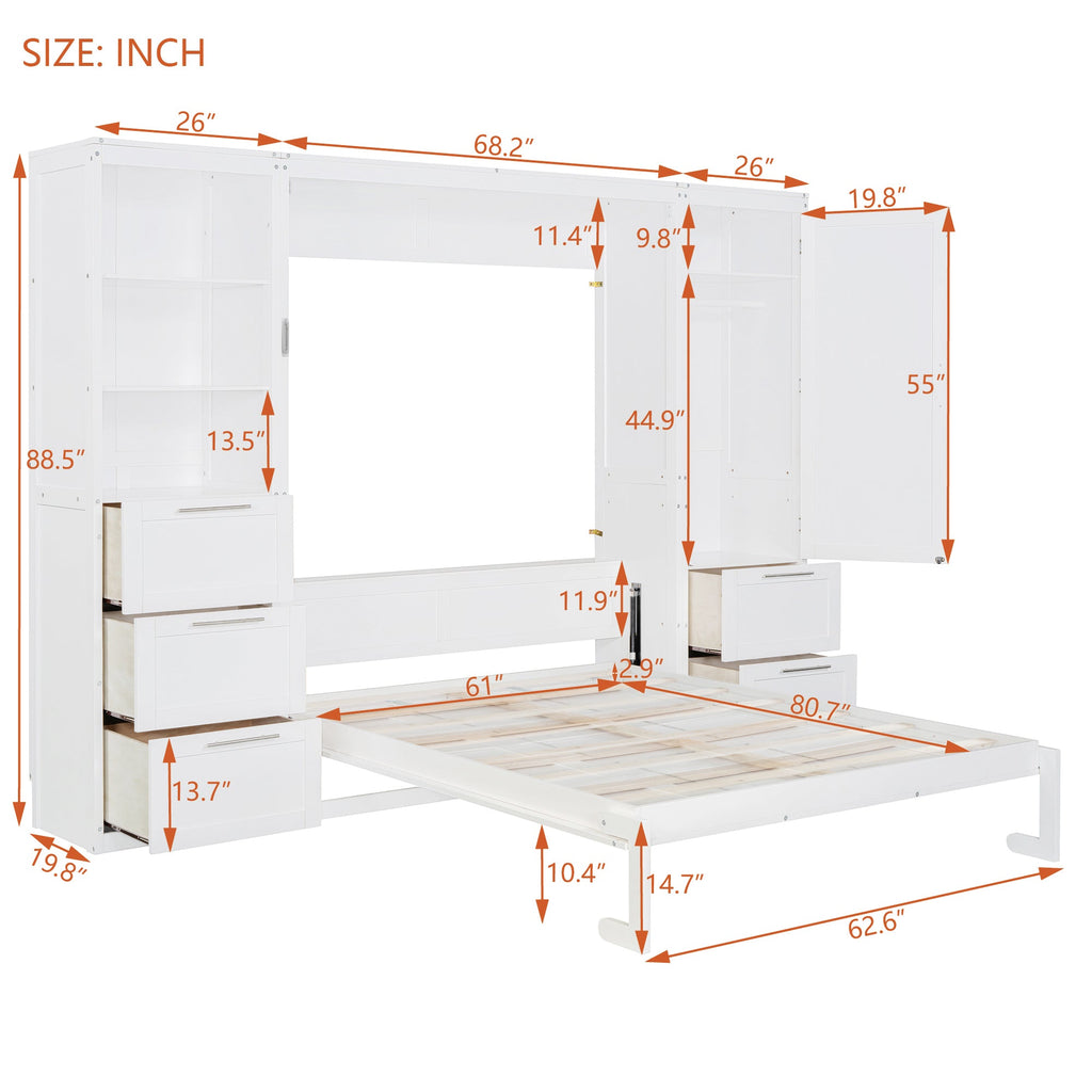 Murphy Wall Bed, Queen Size, MDF and LVL with Drawers, Shelves, and