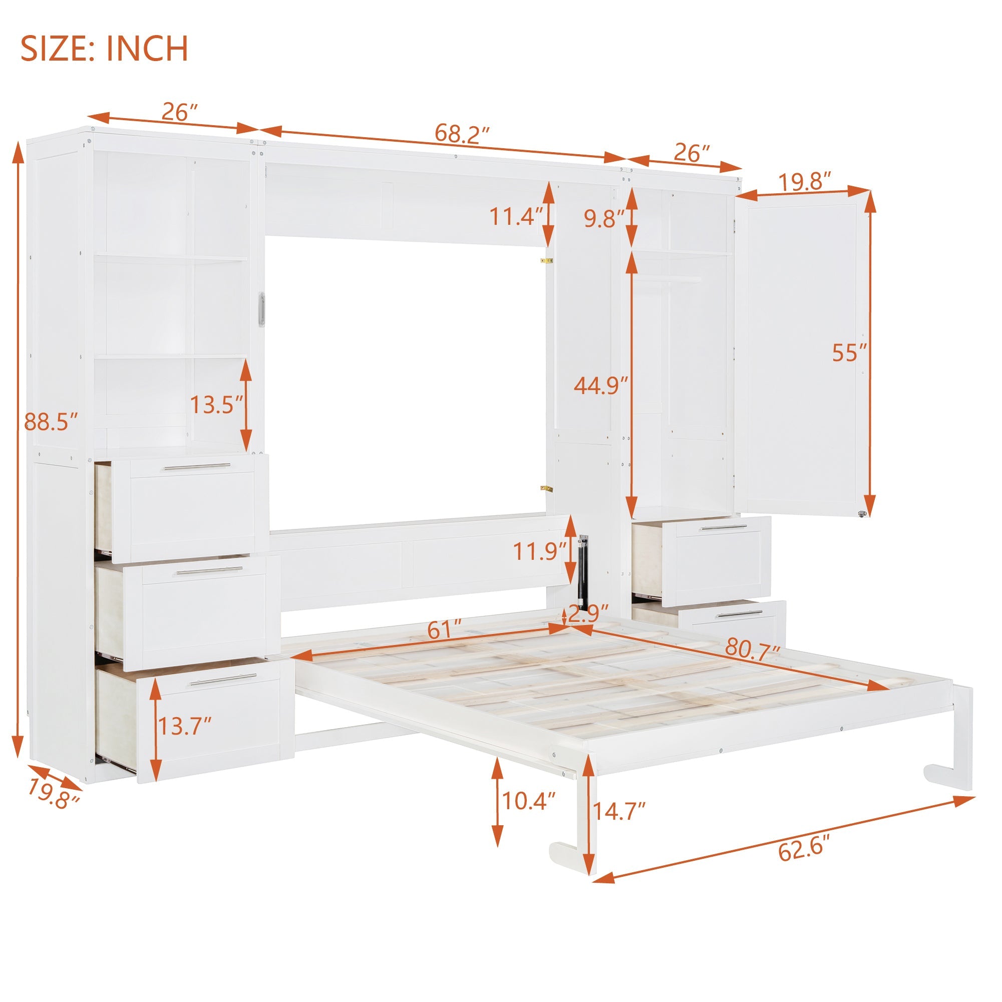 Murphy Wall Bed, Queen Size, MDF and LVL with Drawers, Shelves, and