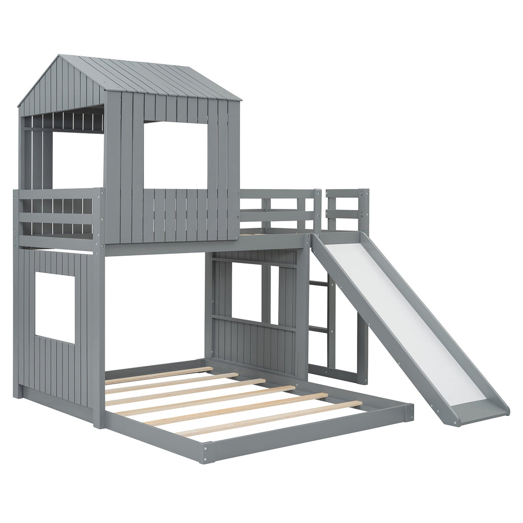 Loft Bed, Twin Over Full, Solid Wood with Slide, Ladder, and