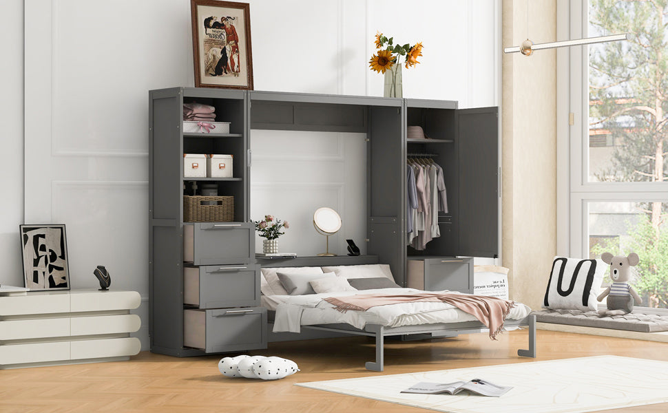 Murphy Wall Bed, Queen Size, MDF and LVL with Drawers, Shelves, and