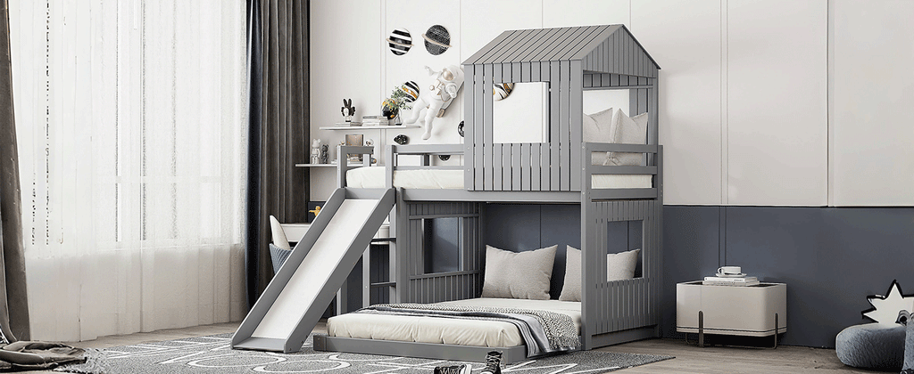Loft Bed, Twin Over Full, Solid Wood with Slide, Ladder, and