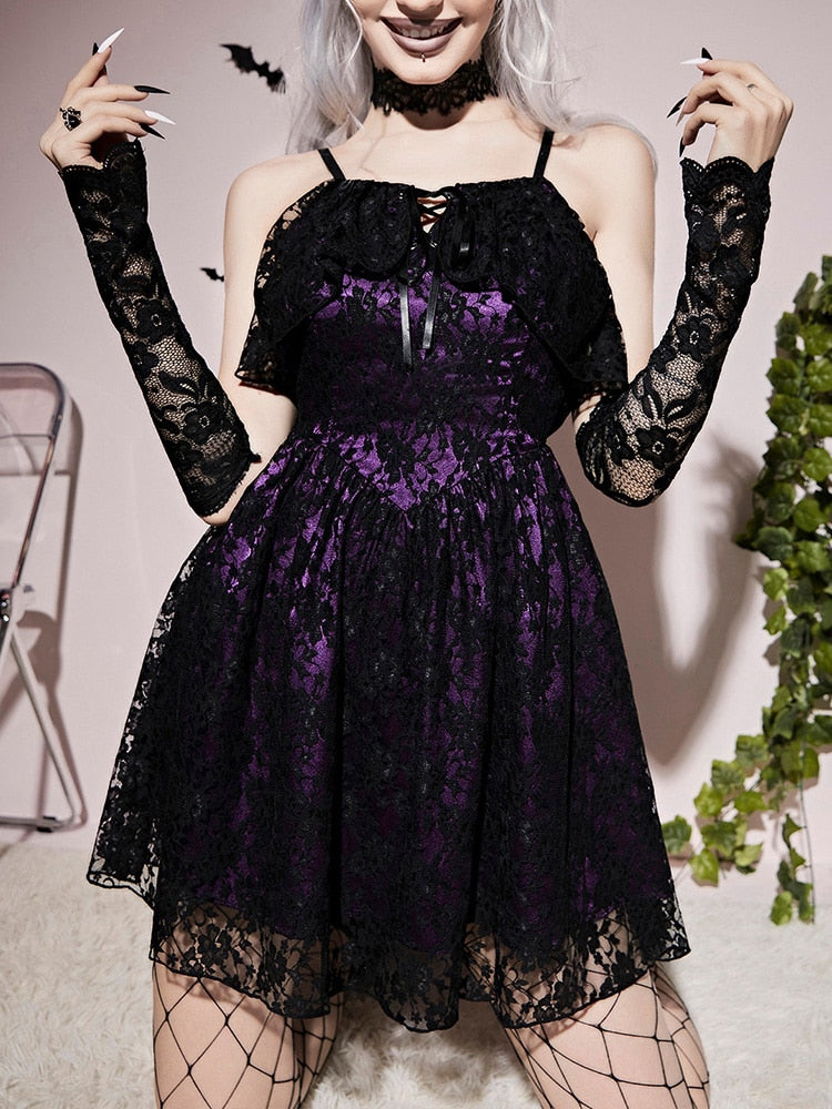 Purple Gothic Lace-Up Cami Dress