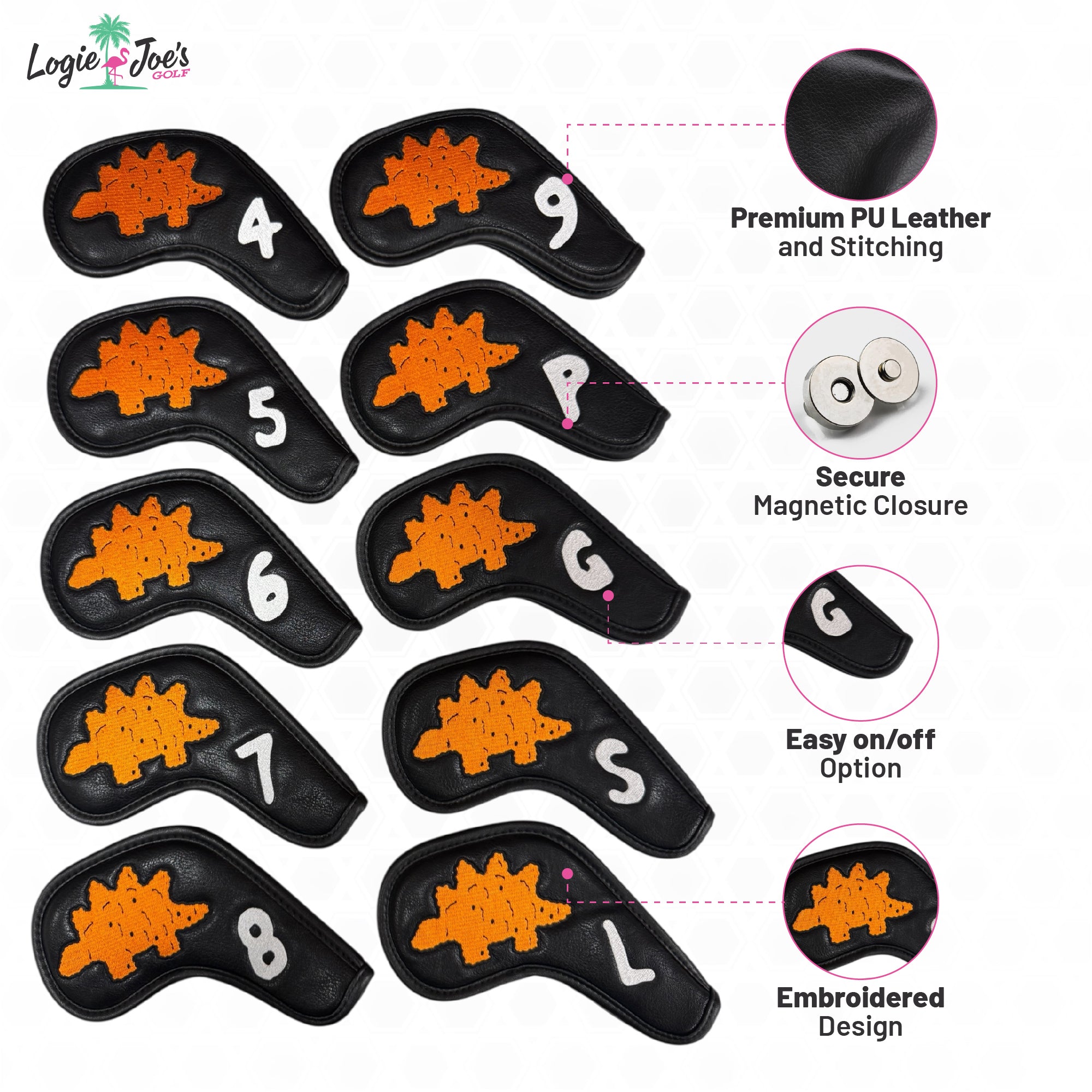 Dino Nugget Stegosaurus Golf Iron Cover Set | Premium PU Leather | Magnetic Closure Iron Covers | 4–9, PW, GW, SW, LW