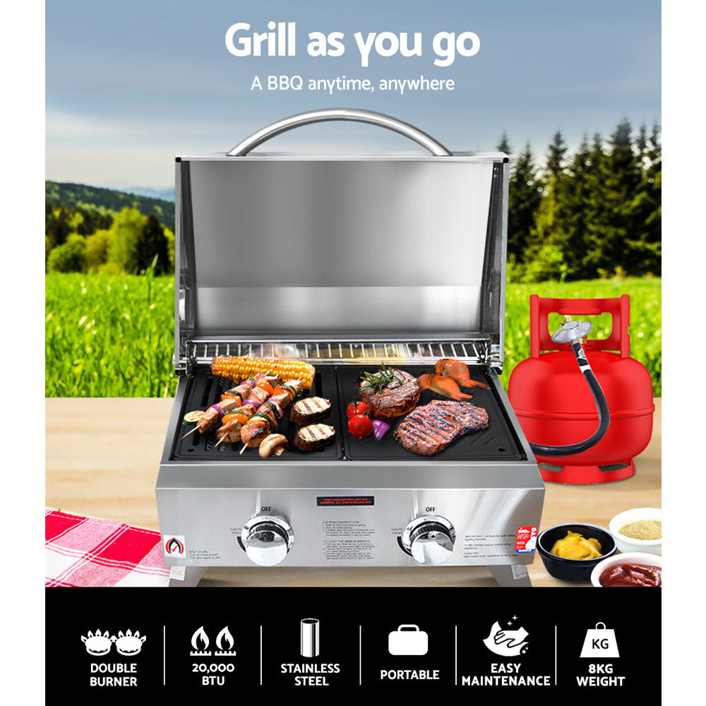 Portable 2-Burner Gas BBQ Grill for Camping
