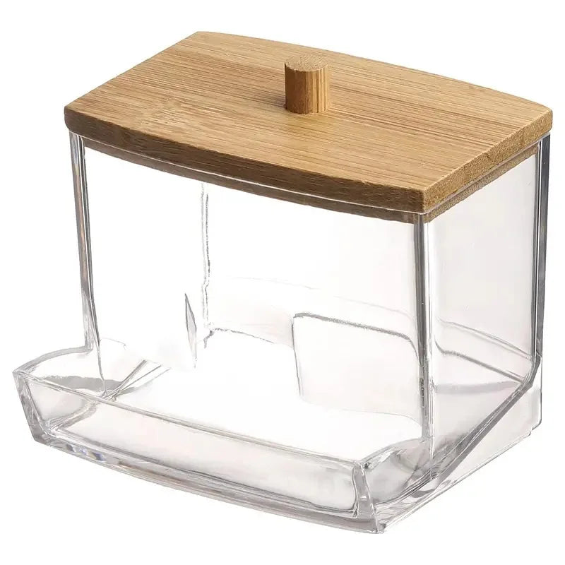 Acrylic Cotton Swab Organizer Bamboo Lid Portable Round Container