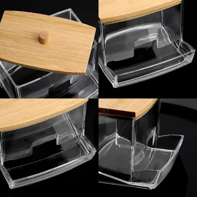 Acrylic Cotton Swab Organizer Bamboo Lid Portable Round Container