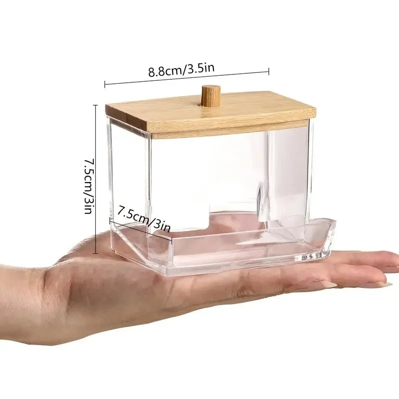 Acrylic Cotton Swab Organizer Bamboo Lid Portable Round Container