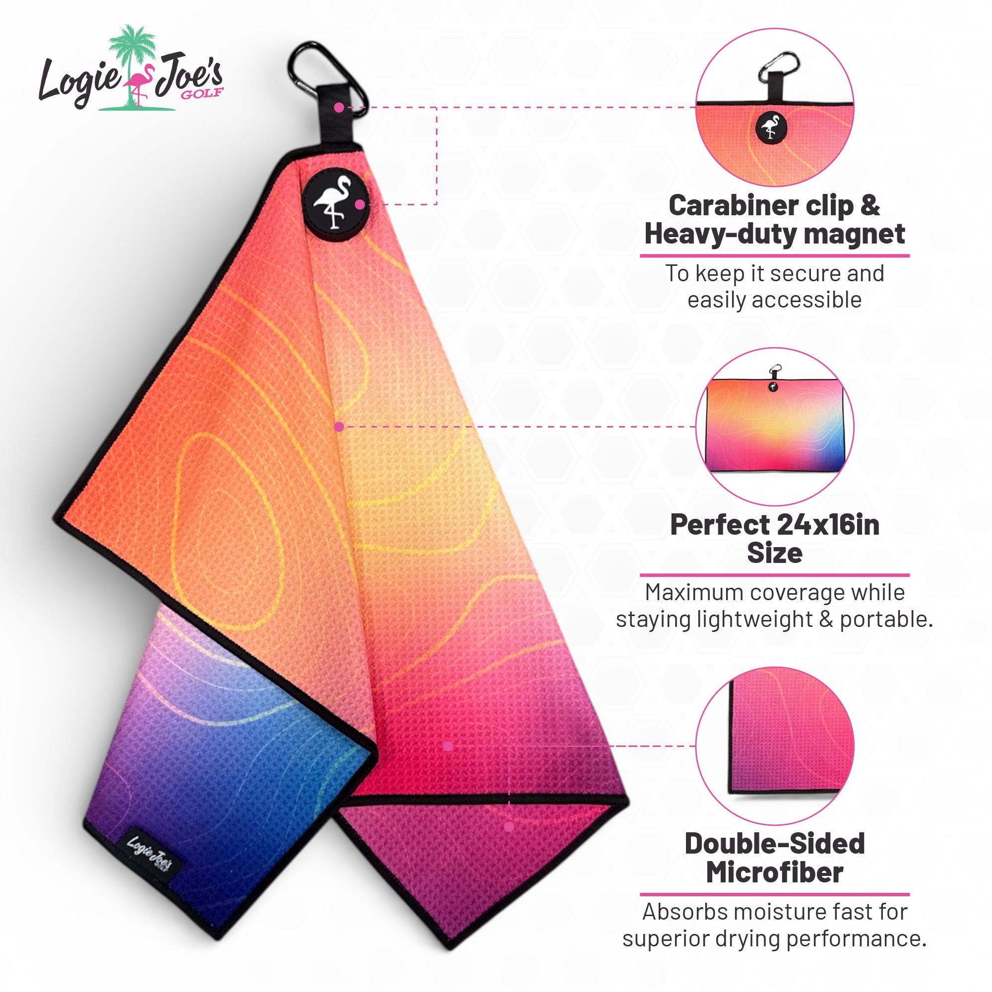 Fossil Golf Towel | 24” x 16” Microfiber Towel | Magnetic Clip & Carabiner | Premium Golf Accessory