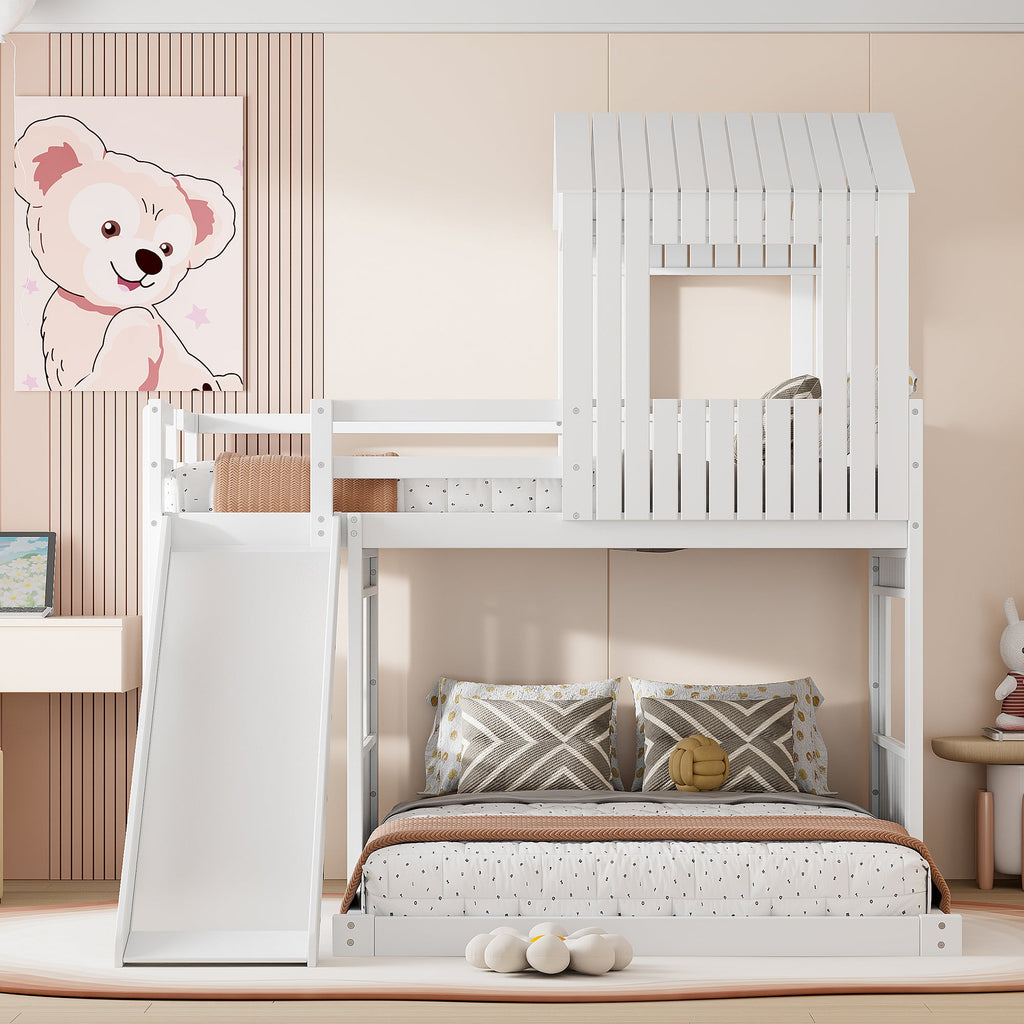 Loft Bed, Twin Over Full, Solid Wood with Slide, Ladder, and