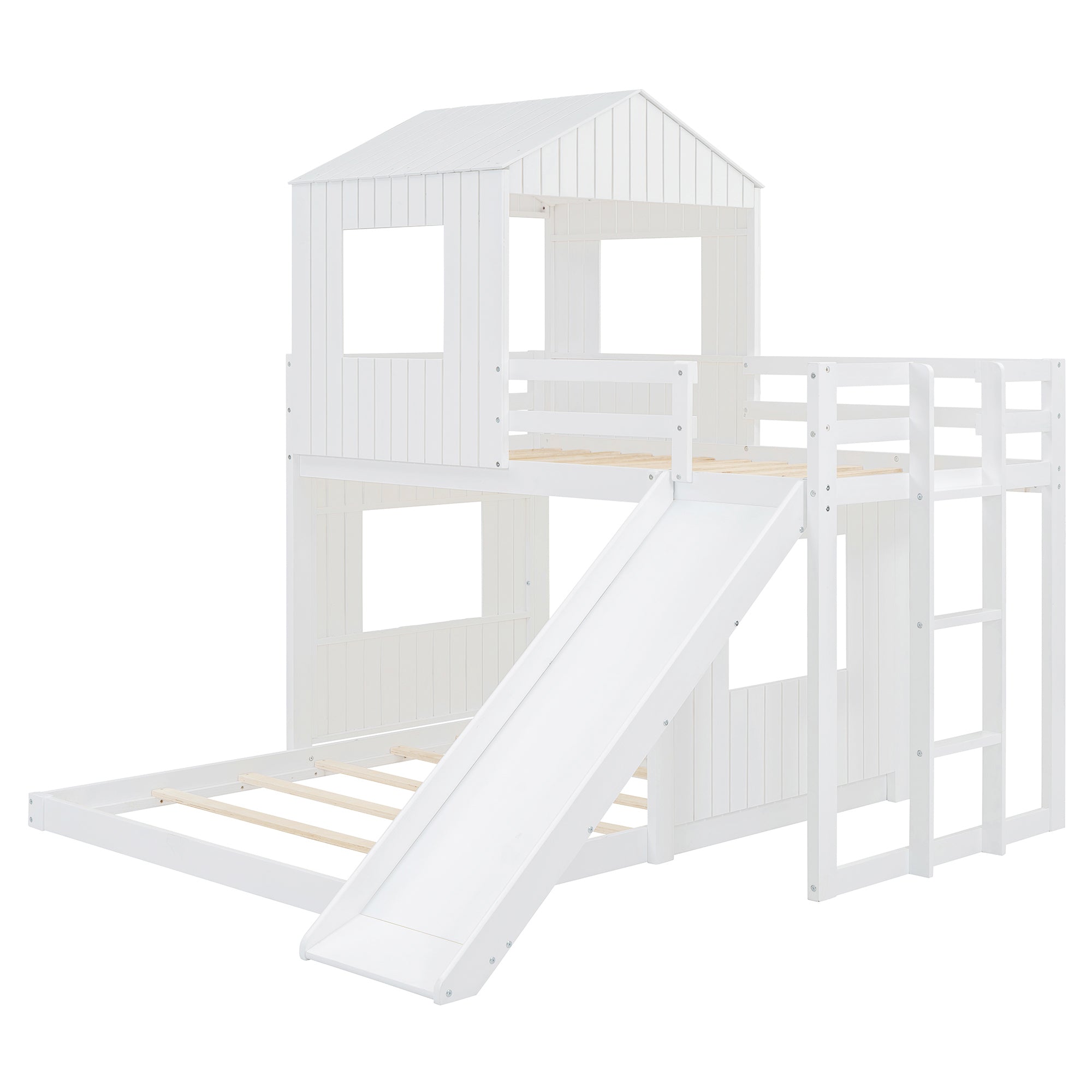 Loft Bed, Twin Over Full, Solid Wood with Slide, Ladder, and
