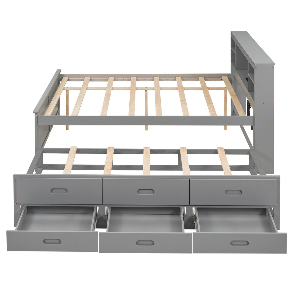 Full Size Platform Bed with Storage Headboard, USB, Twin Size Trundle
