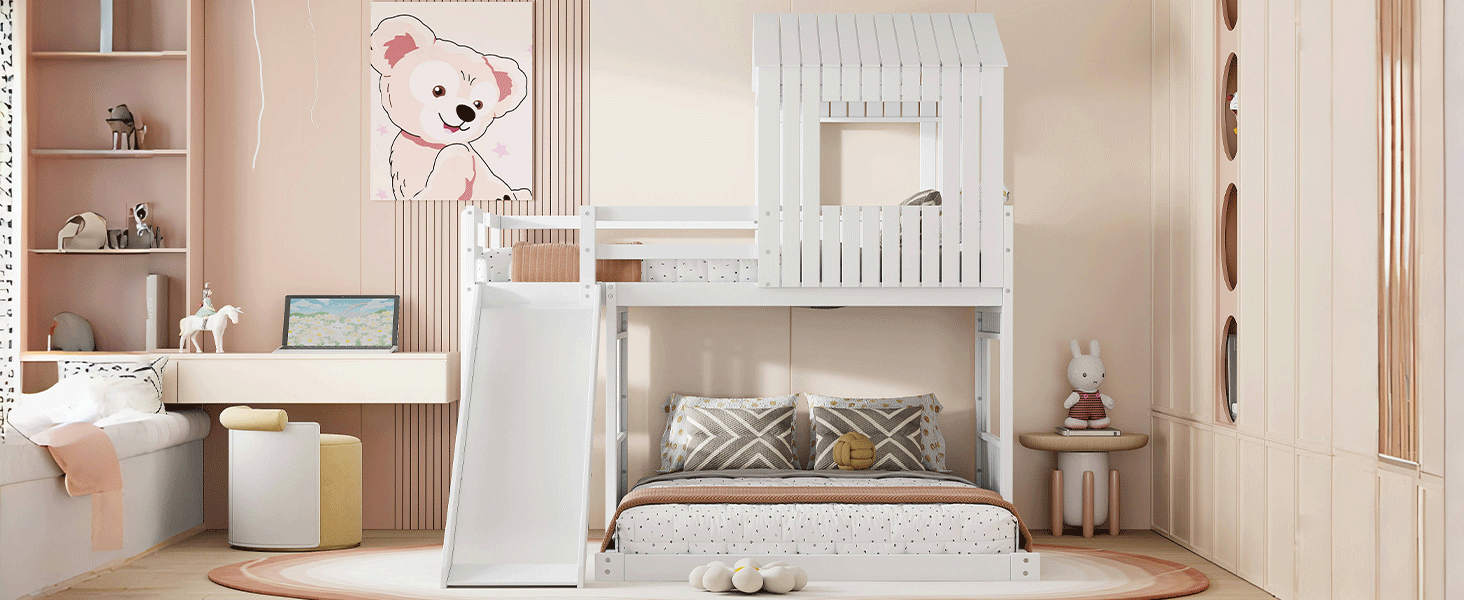 Loft Bed, Twin Over Full, Solid Wood with Slide, Ladder, and