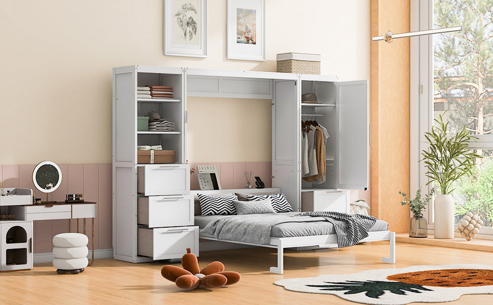 Murphy Wall Bed, Queen Size, MDF and LVL with Drawers, Shelves, and