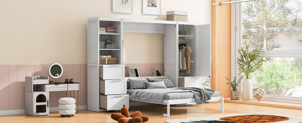 Murphy Wall Bed, Queen Size, MDF and LVL with Drawers, Shelves, and
