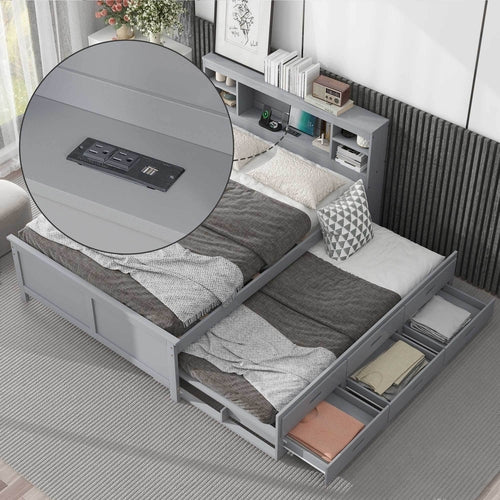 Full Size Platform Bed with Storage Headboard, USB, Twin Size Trundle
