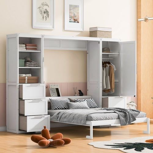 Murphy Wall Bed, Queen Size, MDF and LVL with Drawers, Shelves, and