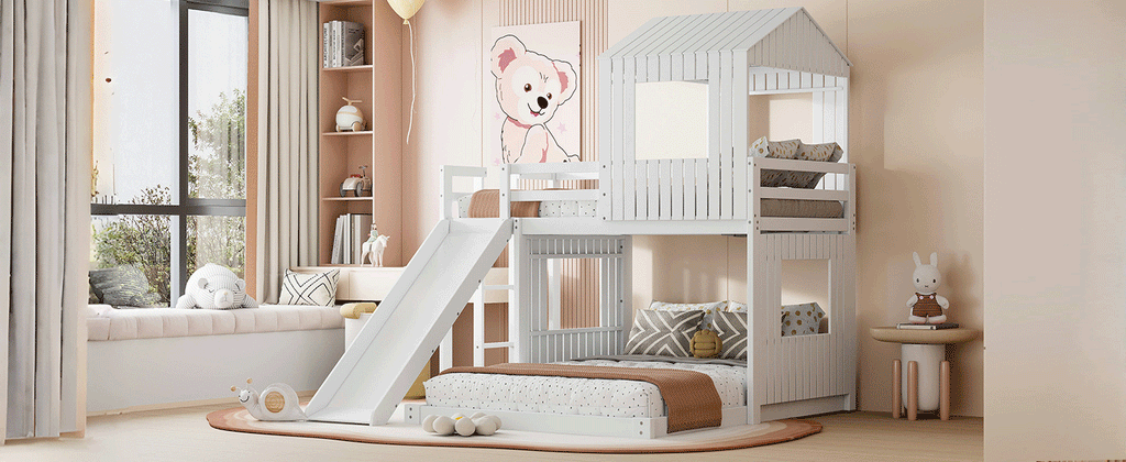 Loft Bed, Twin Over Full, Solid Wood with Slide, Ladder, and