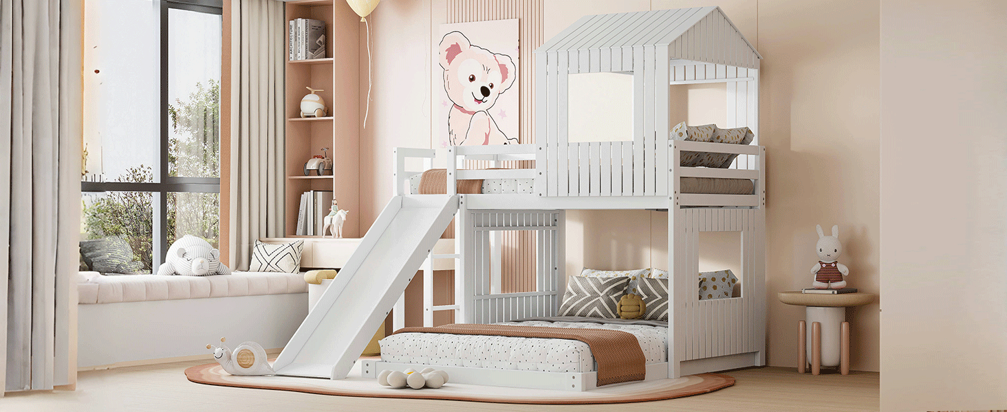 Loft Bed, Twin Over Full, Solid Wood with Slide, Ladder, and