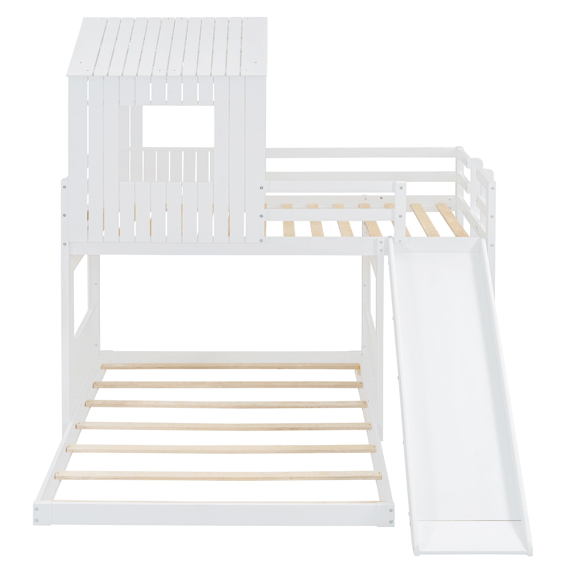 Loft Bed, Twin Over Full, Solid Wood with Slide, Ladder, and
