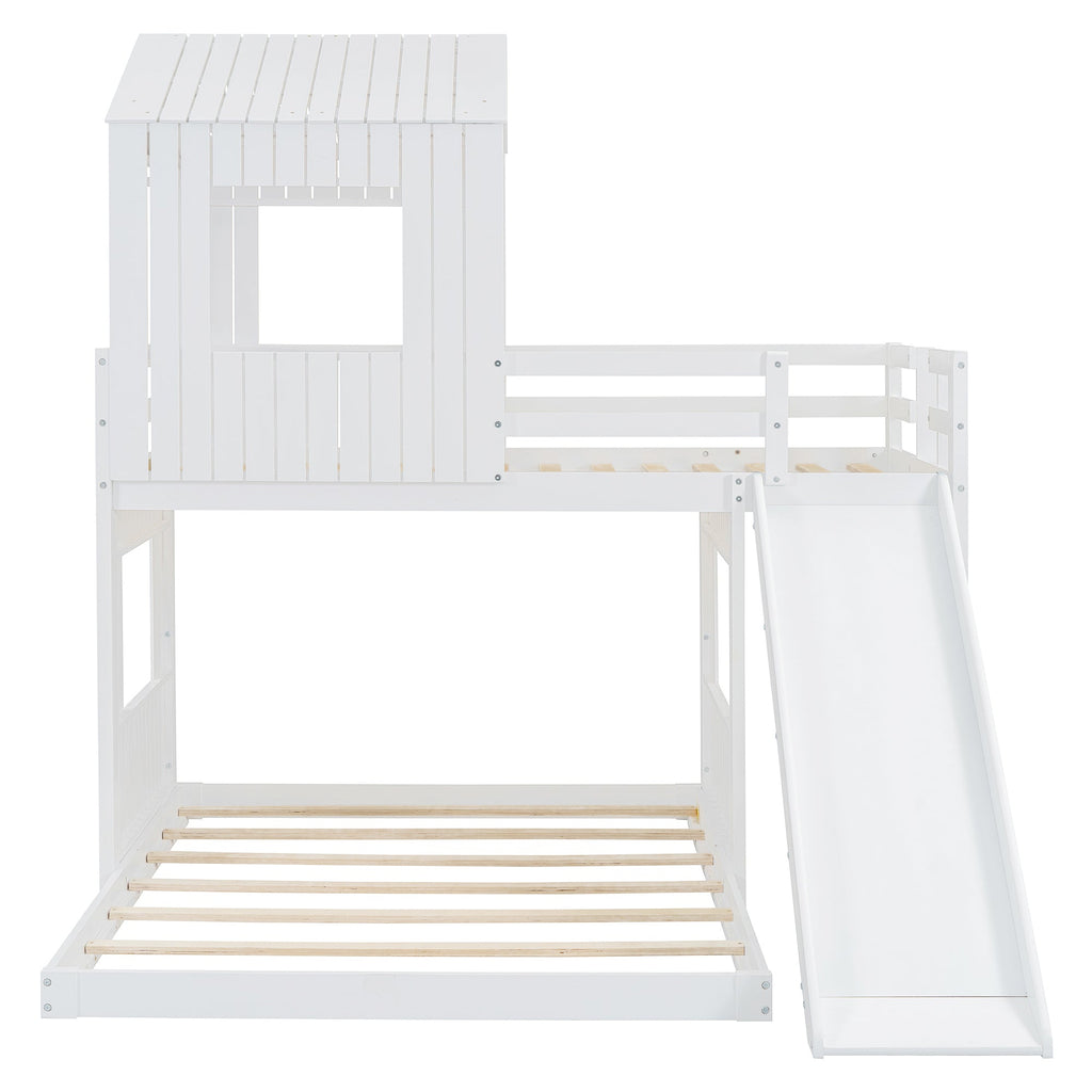 Loft Bed, Twin Over Full, Solid Wood with Slide, Ladder, and