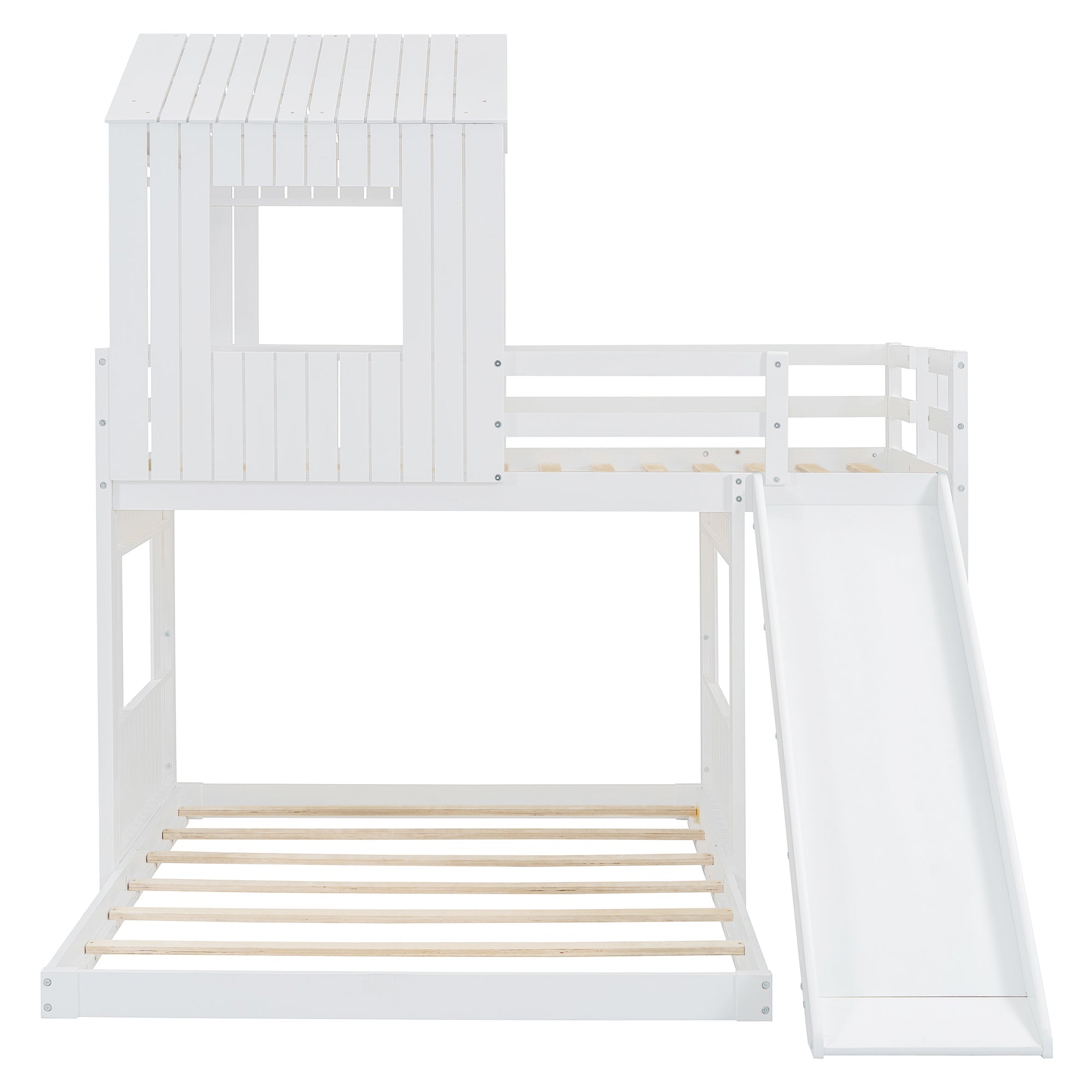 Loft Bed, Twin Over Full, Solid Wood with Slide, Ladder, and