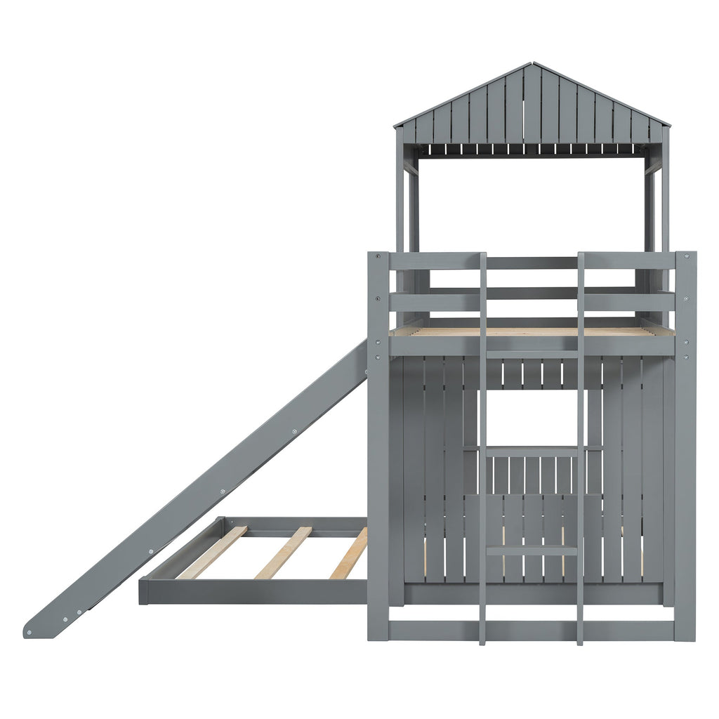 Loft Bed, Twin Over Full, Solid Wood with Slide, Ladder, and