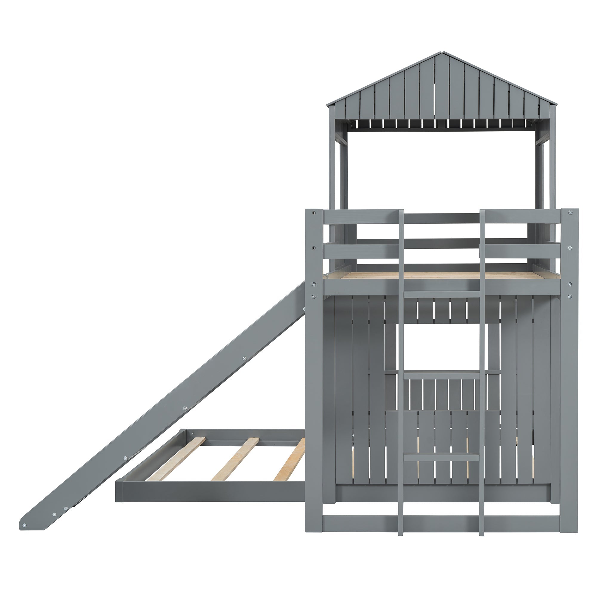 Loft Bed, Twin Over Full, Solid Wood with Slide, Ladder, and