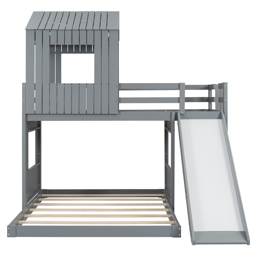 Loft Bed, Twin Over Full, Solid Wood with Slide, Ladder, and