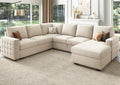Beige U-Shaped Sectional Sleeper Storage, Velvet, Pullout Bed