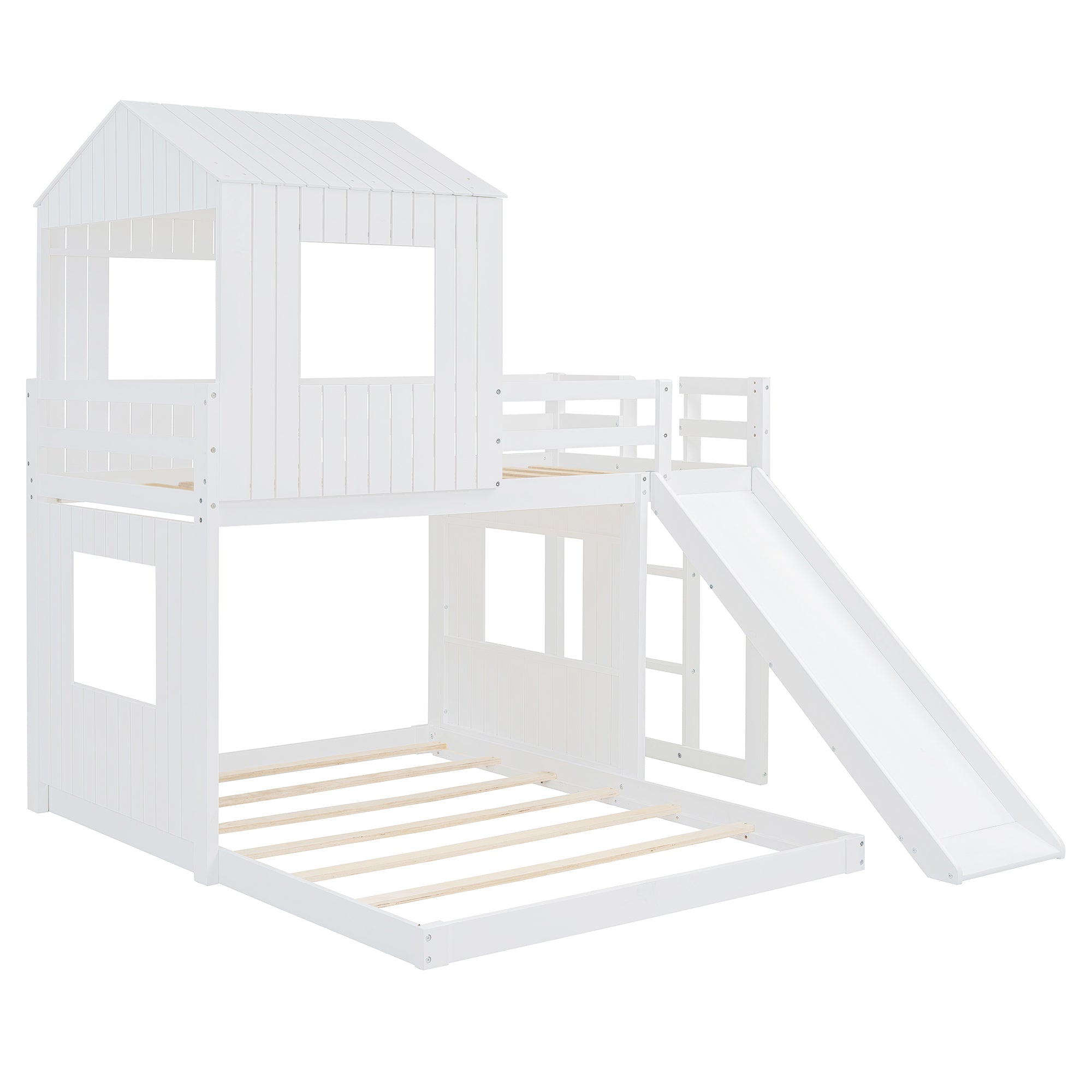 Loft Bed, Twin Over Full, Solid Wood with Slide, Ladder, and