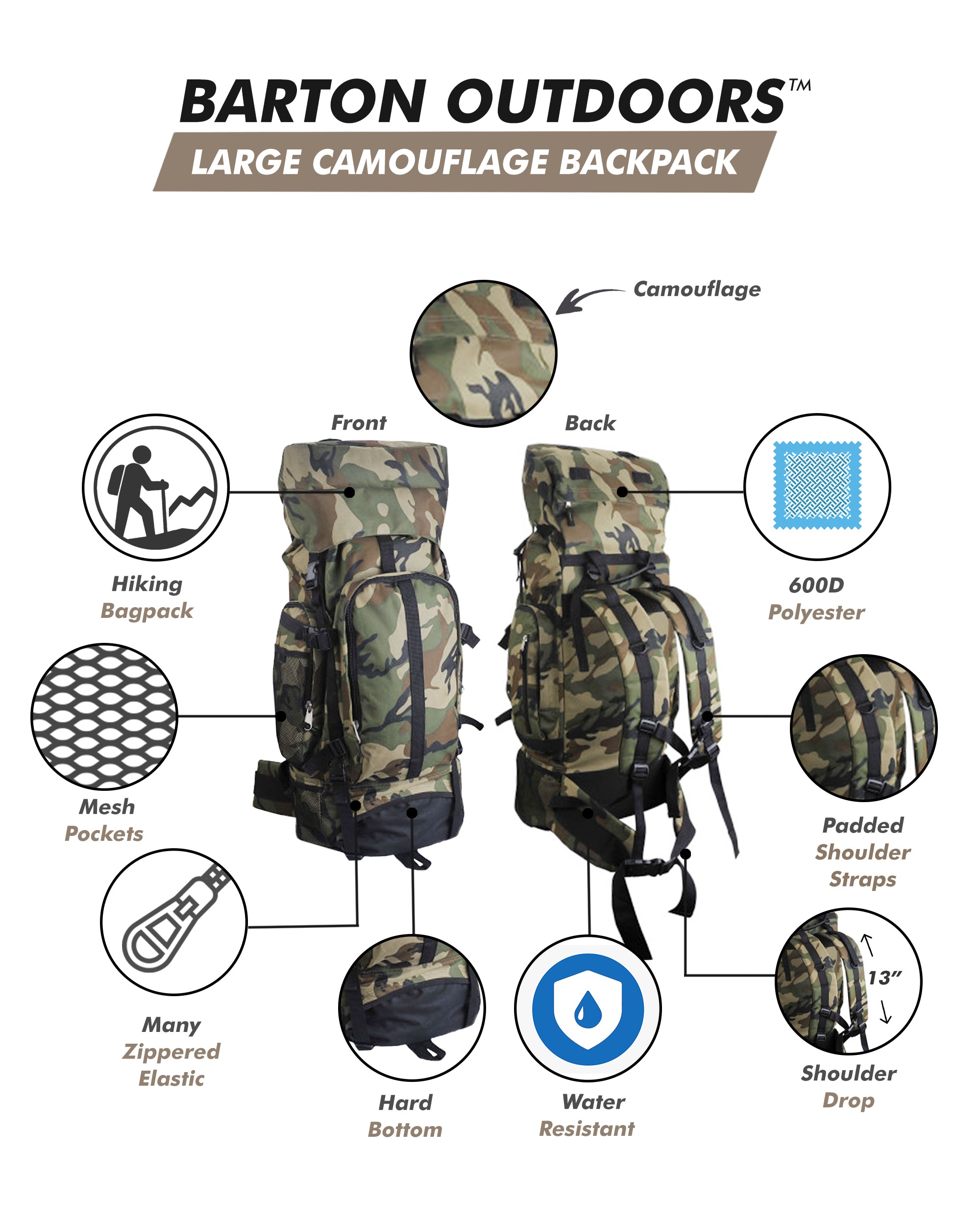 Camouflage 30-inch Water-Resistant Hiking Backpack