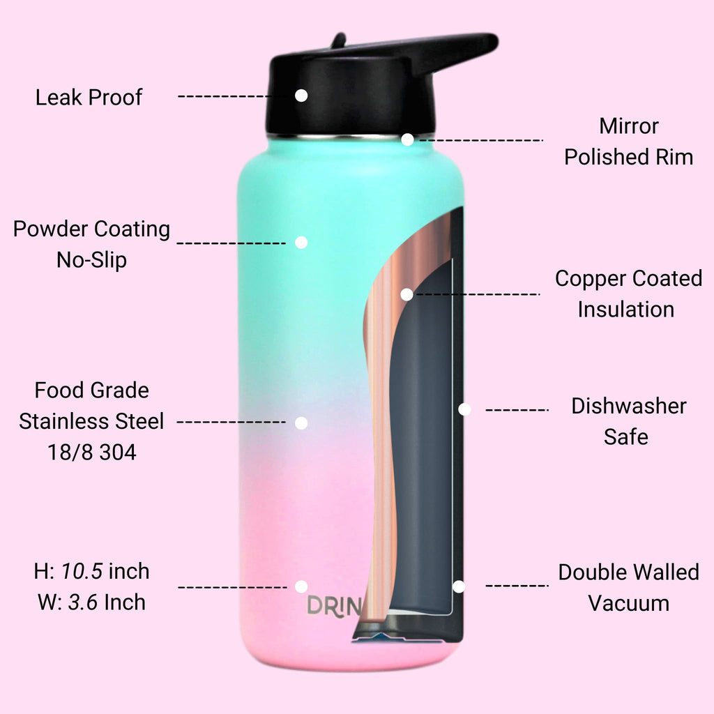 DRINCO 32oz Insulated Steel Water Bottle with 3 Lids, Macaron