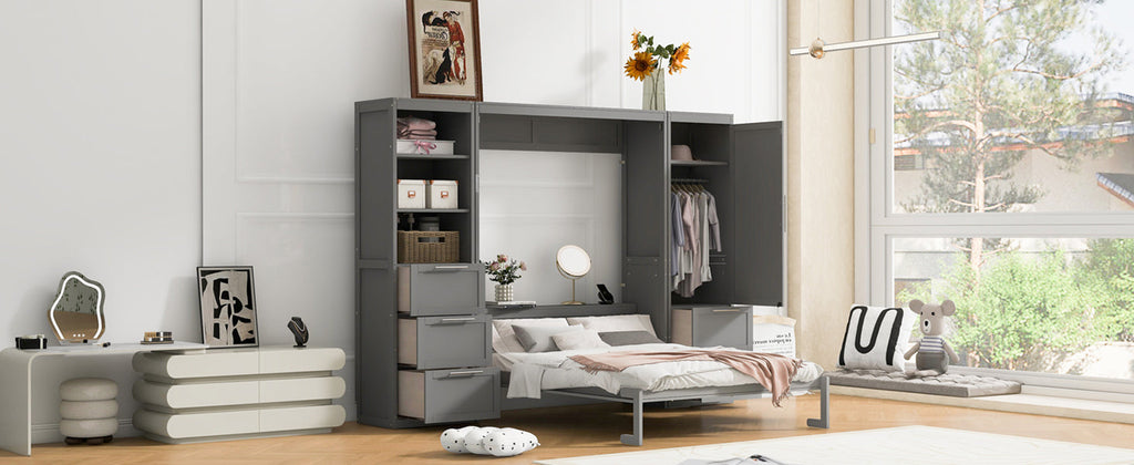 Murphy Wall Bed, Queen Size, MDF and LVL with Drawers, Shelves, and