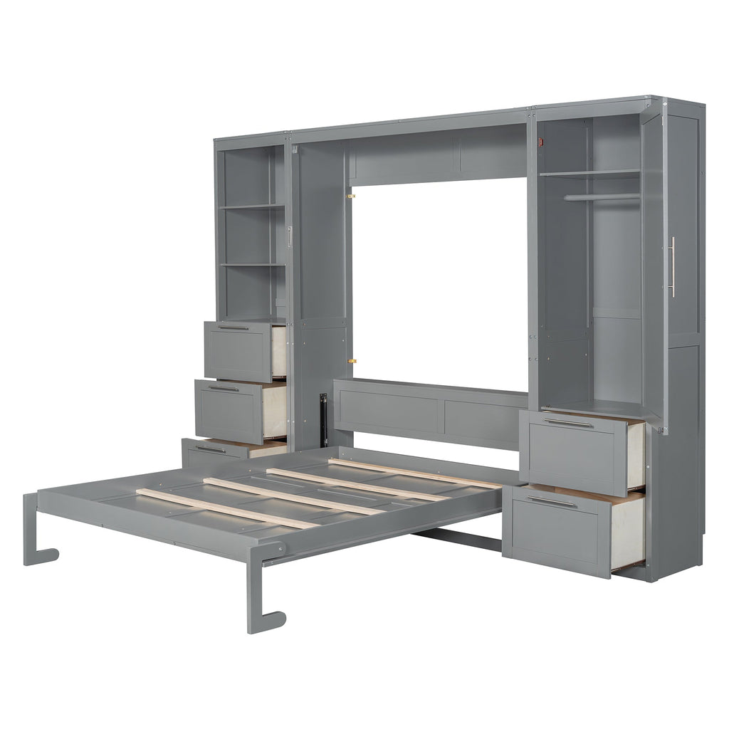 Murphy Wall Bed, Queen Size, MDF and LVL with Drawers, Shelves, and