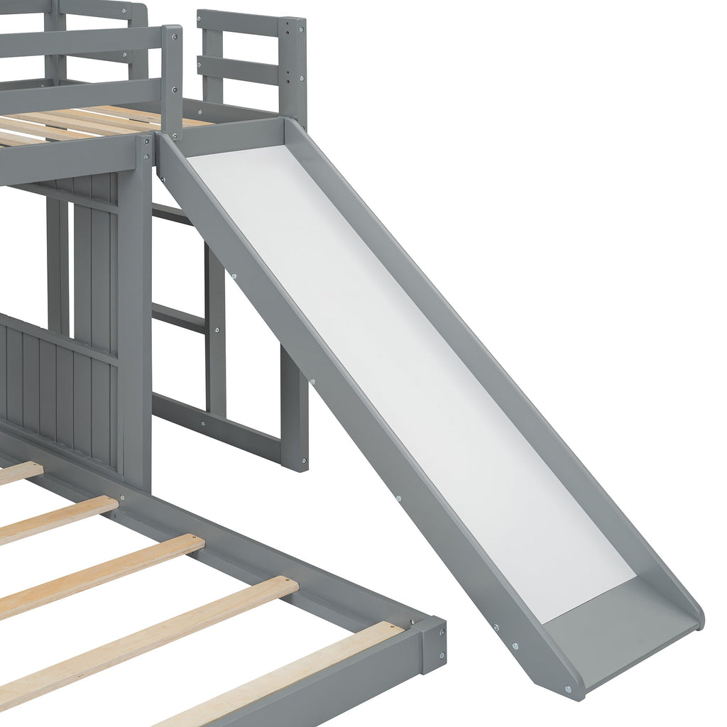 Loft Bed, Twin Over Full, Solid Wood with Slide, Ladder, and