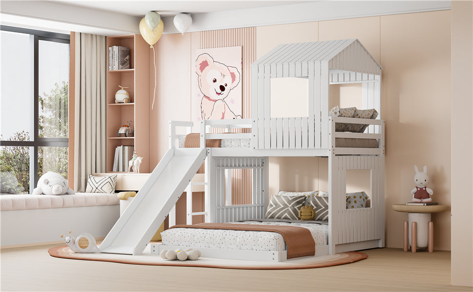 Loft Bed, Twin Over Full, Solid Wood with Slide, Ladder, and