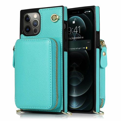 Étui portefeuille zippé avec bandoulière réglable pour iPhone