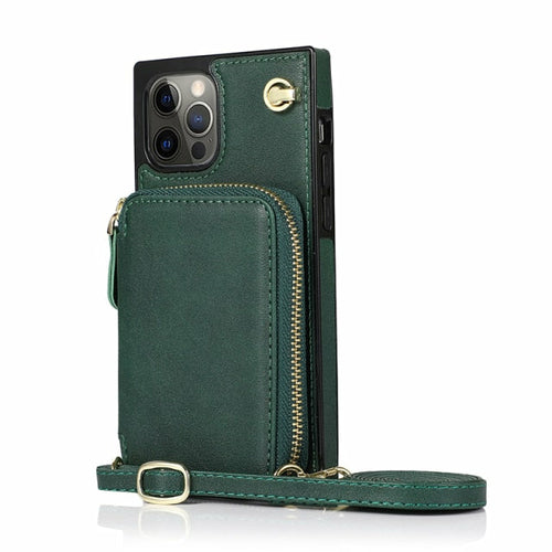 Étui portefeuille zippé avec bandoulière réglable pour iPhone