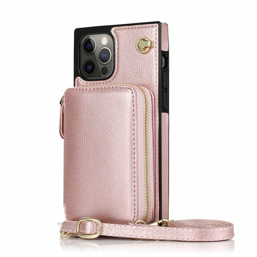 Étui portefeuille zippé avec bandoulière réglable pour iPhone