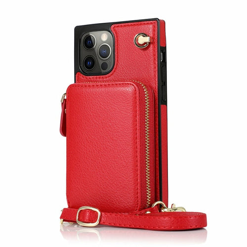 Étui portefeuille zippé avec bandoulière réglable pour iPhone
