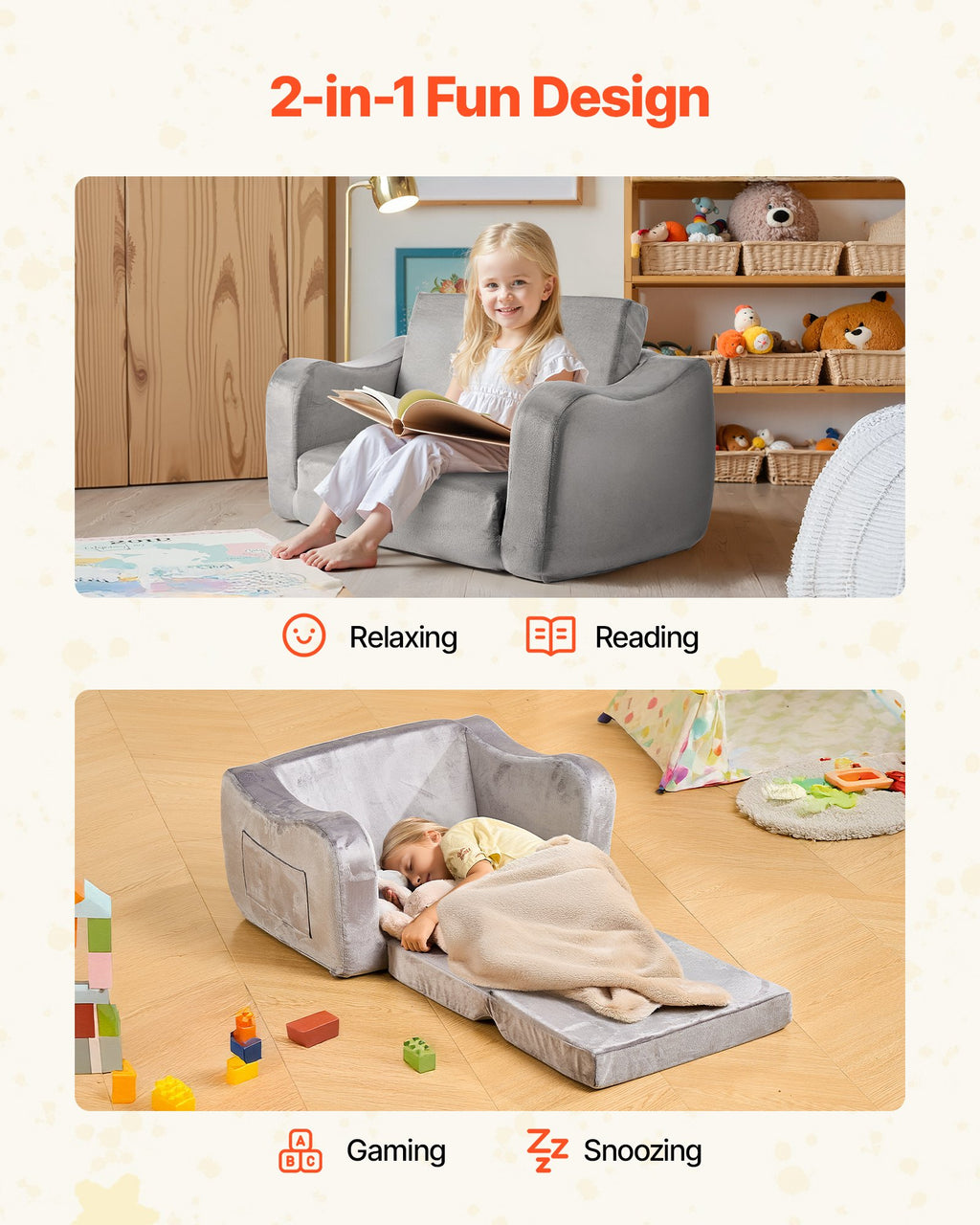 Foldable Toddler Couch, 2-in-1 Kids Sofa with Armrests